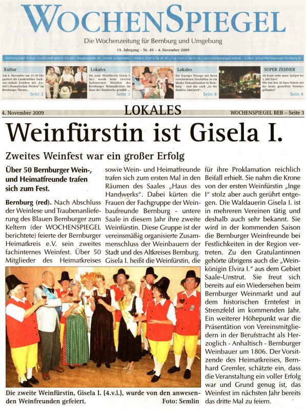 Pressebeitrag Wochenspiegel 'Weinfürstin ist Gisela I.'